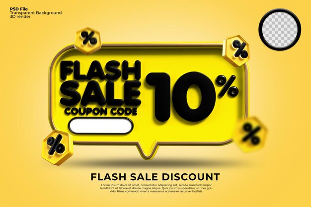 3D flash sale discount number 10 percentage with yellow black colors, online shop banner,