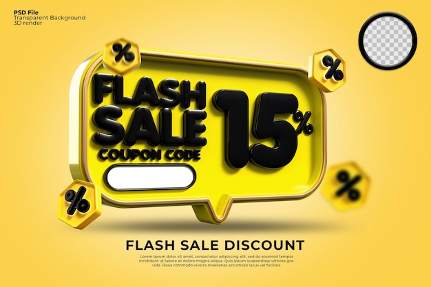 3D flash sale discount number 15 percentage with yellow black colors, online shop banner,