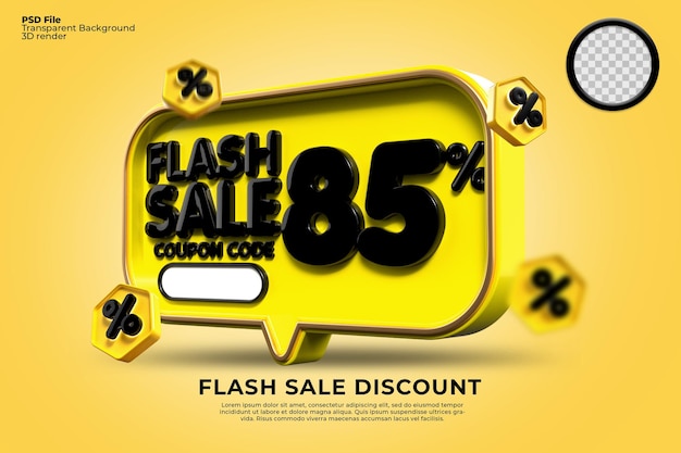 3D flash sale discount number 85 percentage with yellow black colors, online shop banner,