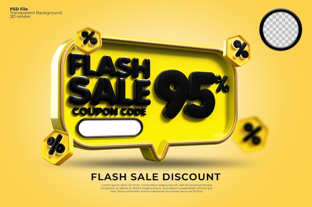 PSD 3d flash sale sconto numero 95 percentuale con colori giallo nero, banner negozio online,