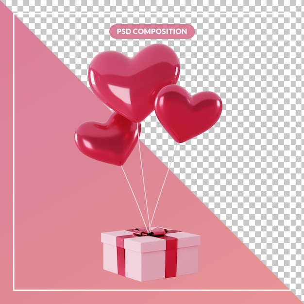 Contenitore di regalo galleggiante 3d con simbolo di palloncino cuore di amore nella rappresentazione 3d