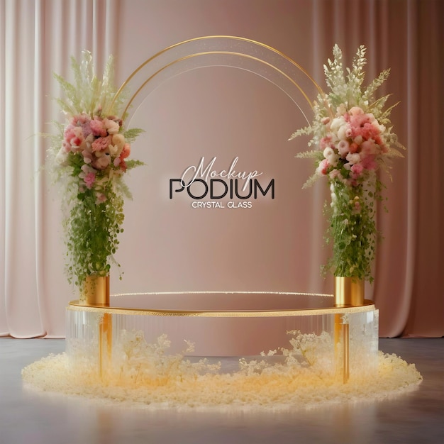 PSD 3d floral decorated glass podium stand mockup on golden ribbon stage with curtain background