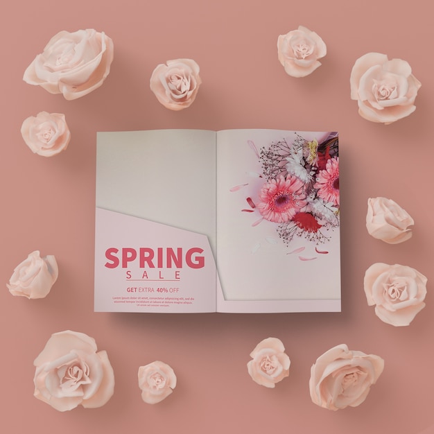 3d floral frame with spring card on table mock-up