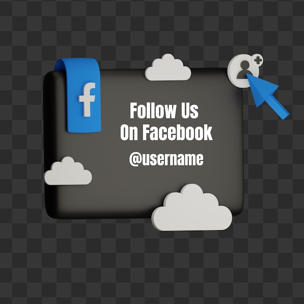 PSD 3d follow us on facebook social media username with square and cloud