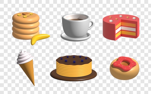 パンケーキ ドーナツ ケーキ コーヒーとアイスクリームの 3 d フード アイコン