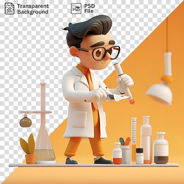 PSD 3d forensic scientist cartoon examining evidence in front of a green plant and white vase wearing black glasses and with black hair against an orange wall with a round white clock in the