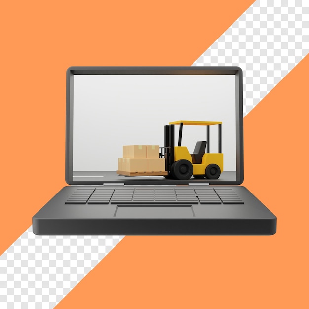 PSD 3d forklift lifting goods inside laptop illustration rendering