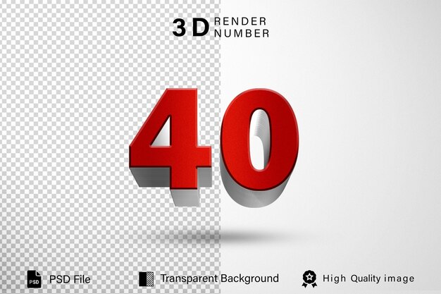 3d Forty Number 40 red metal color isolated on transparent background