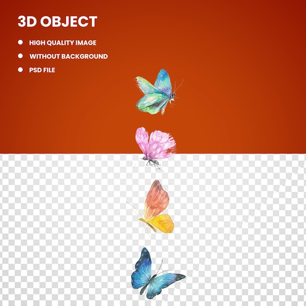 PSD 3d four assortedcolor butterflies