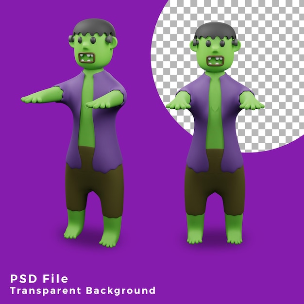 PSD 3d frankenstein halloween assets icon design illustration with various angle bundle high quality