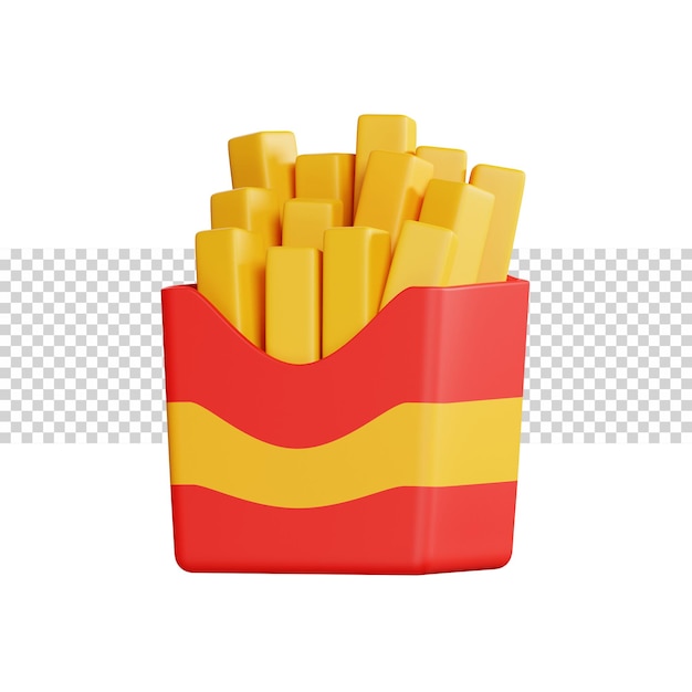 3D Franse frietjes binnenkant van rode doos rendering icoon met glad oppervlak voor app of website