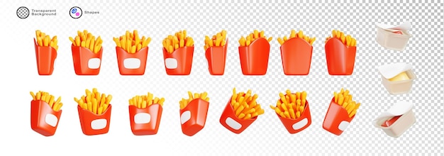 PSD 3d french fries in red paper box rotation render realistic isolated fast food potato snack with ketchup and cheese sauce in plastic packs animation with sequence rotating element set