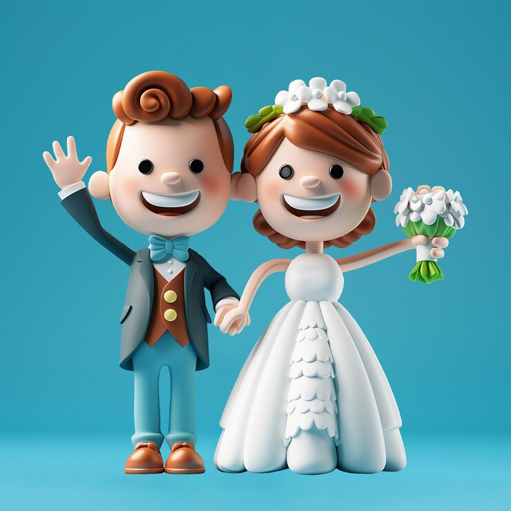 PSD 3d fullbody character icon of a cheerful bride and groom waving
