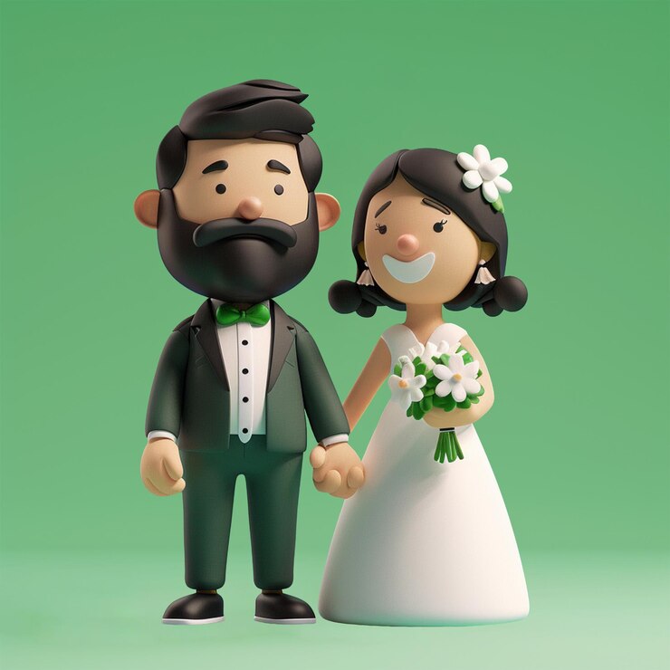 PSD 3d fullbody character icon of a happy bride and groom holding hands