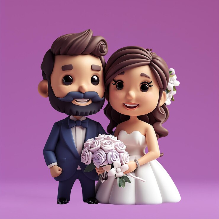 PSD 3d fullbody character icon of a smiling bride and groom holding wedding rings