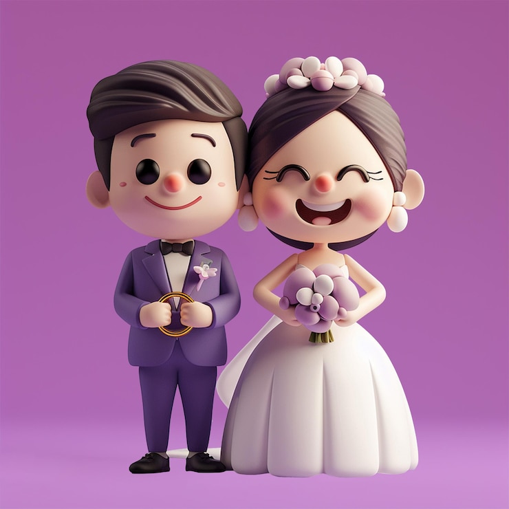 PSD 3d fullbody character icon of a smiling bride and groom holding wedding rings