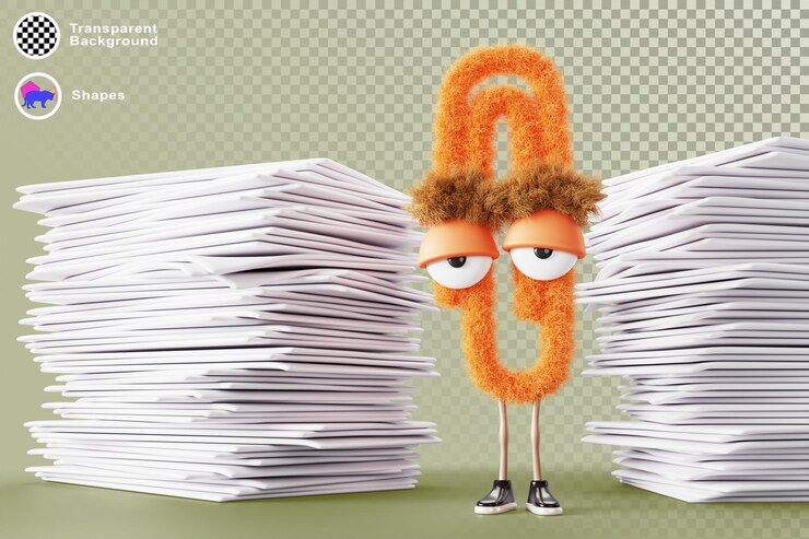 PSD 3d fur paper clip character with paper stacks on green render background funny fluffy office worker paperclip with face emotion cartoon school or student education stationery mascot