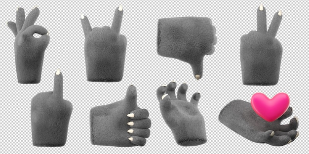 3d furry wolf hands set in plastic cartoon style