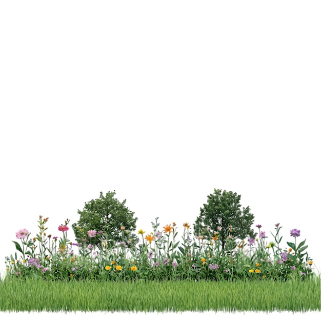 3D ガーデンシーン色とりどりの花白い背景に隔離された緑の草と灌木