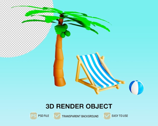 PSD 3d geef hallo zomer met kokosnoot en strandstoelen met oranje kleur terug