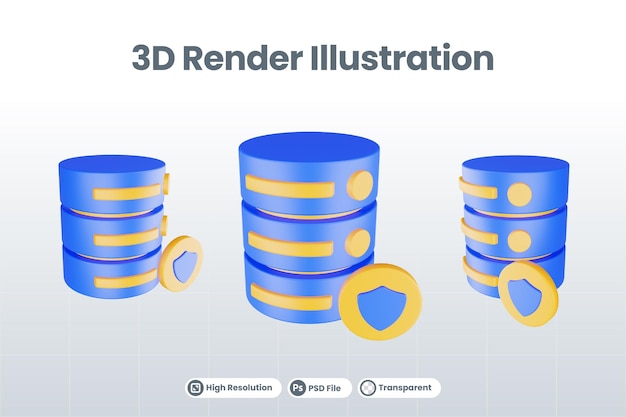 PSD 3d geef het pictogram van de databaseserver met geïsoleerd beschermingspictogram terug