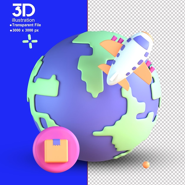 PSD 3d geef illustratie van ecommerce icon worldwide shipping terug