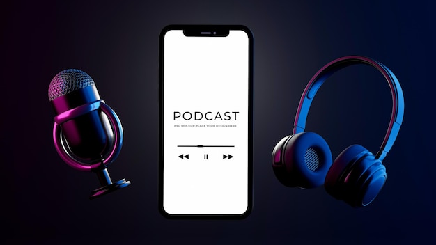 PSD 3d geef van de hoofdtelefoon van de smartphonemicrofoon met het model van het podcastconcept terug