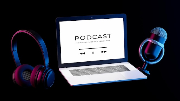 3d geef van laptop microfoonhoofdtelefoon met het model van het podcastconcept terug