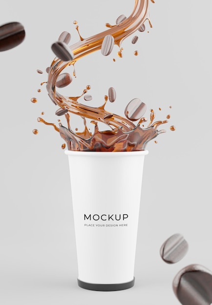 3d geef van realistische koffiemokmodel met koffiesplons terug voor productvertoning