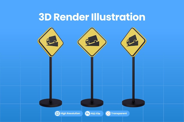 3d geef verkeerstekens van geel driehoekswaarschuwingsbordsymbool van bergafwaarts wegvrachtwagenverkeer terug