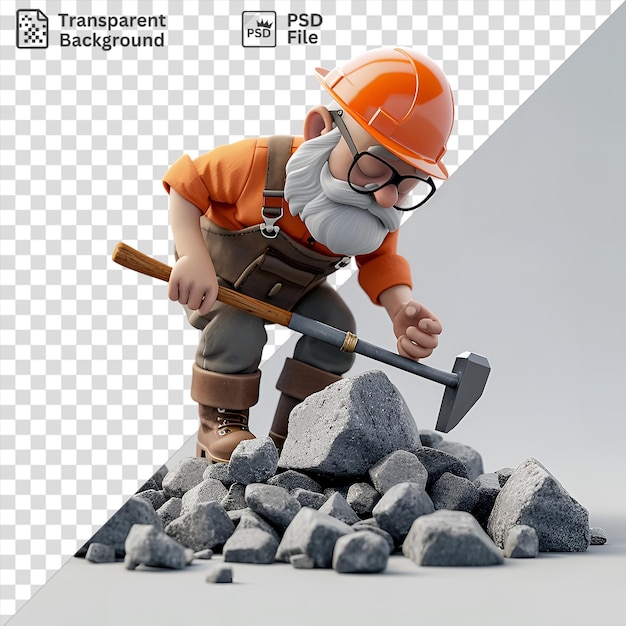 PSD geologo 3d che esamina le rocce con un martello geologico in mano indossando un casco arancione e stivali marroni sullo sfondo del cielo blu