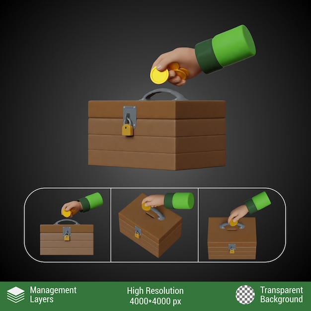 PSD 3d gerenderd cartoon stijl mosleem mensen hand gebaren liefdadigheid aalmoezen gouden munten verschillende uitzichten