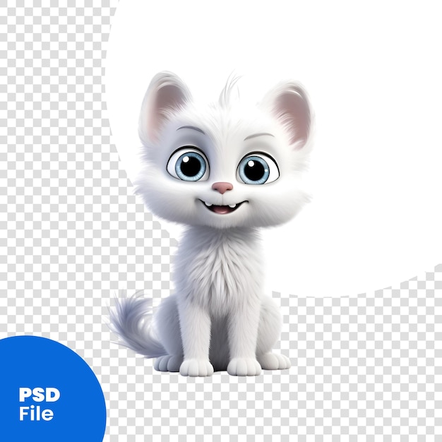 PSD 3d-gerenderde afbeelding van een schattig wit kitten zittend op een witte achtergrond psd-sjabloon