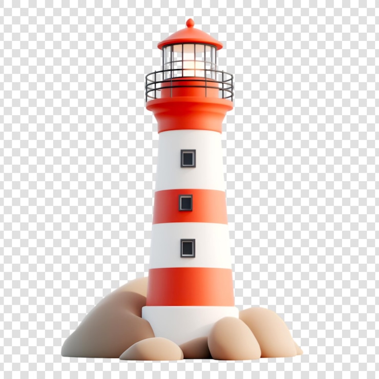 PSD 3d gerenderde cartoon vuurtoren op rotsen op een doorzichtige achtergrond