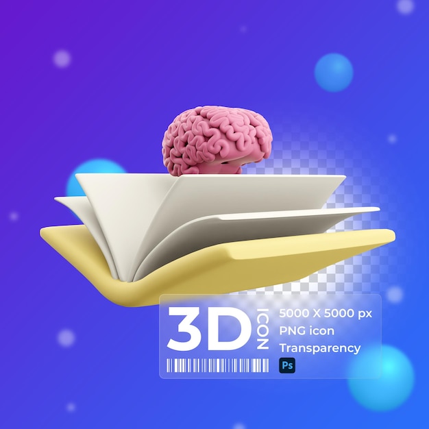 3d gerenderde hersenen in boek 3d renderbook in hersenen pictogram 3d illustratie kinderen onderwijsontwerp grafisch ontwerp boeken