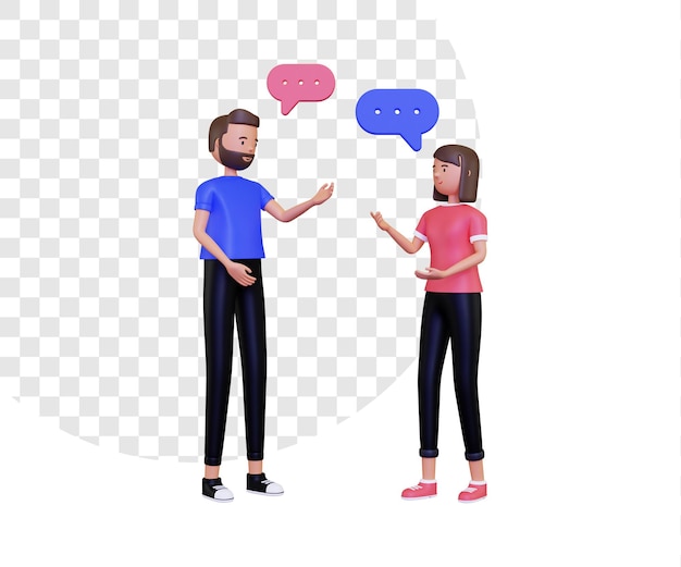 3D-gespreksillustratie met mannelijk en vrouwelijk karakter