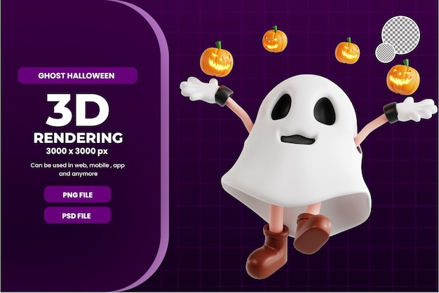 PSD 3d ghost halloween character jump with pumpkin