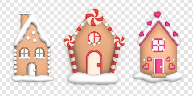 PSD 3d gingerbread sweet houses with candy hearts and snow