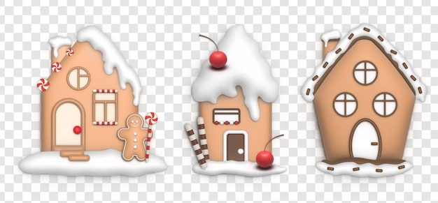 3d gingerbread sweet houses with cherry chocolate and gingerbread man