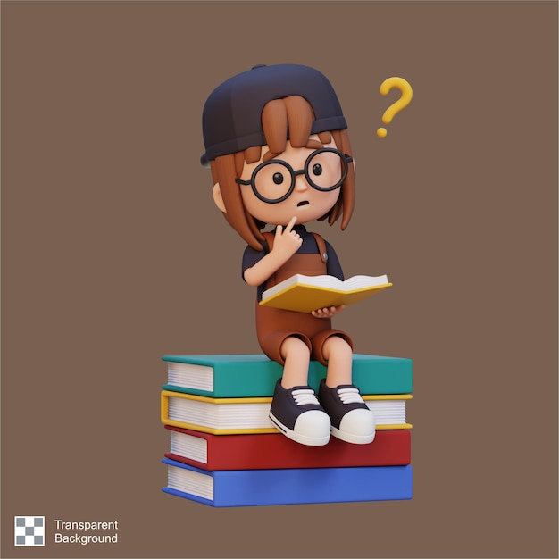 PSD 3d girl character get confused when reading a book