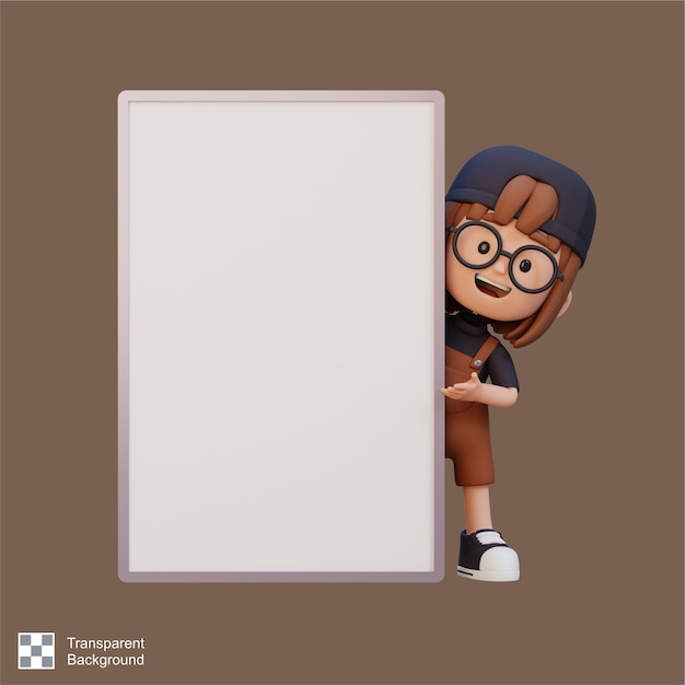 PSD 3d girl character holding a blank placard