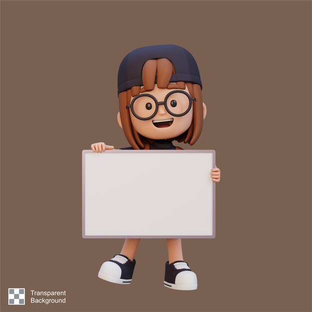 3d girl character holding a blank placard