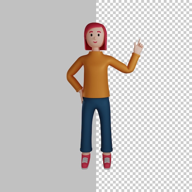 3d иллюстрация персонажа девушки, указывающая вверх