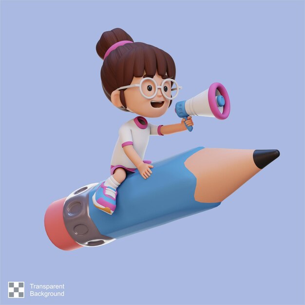 PSD 3d girl character riding a pencil and holding megaphone