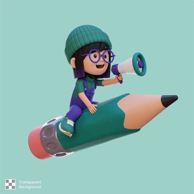 PSD 3d girl character riding a pencil and holding megaphone