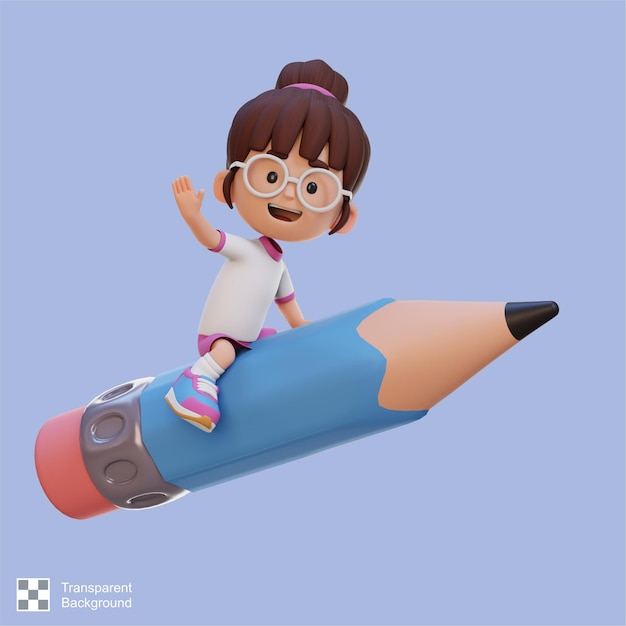 PSD 3d girl character riding a pencil and waving hand