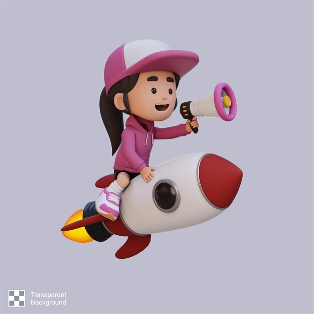 PSD 3d girl character riding a rocket and holding megaphone