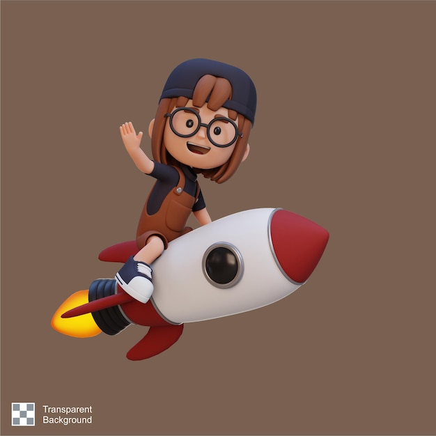 PSD 3d girl character riding a rocket and waving hand