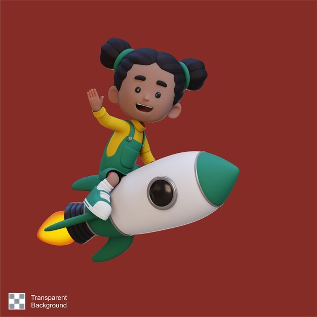 3d girl character riding a rocket and waving hand