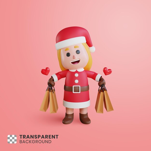 3d girl character santa claus with shopping bags